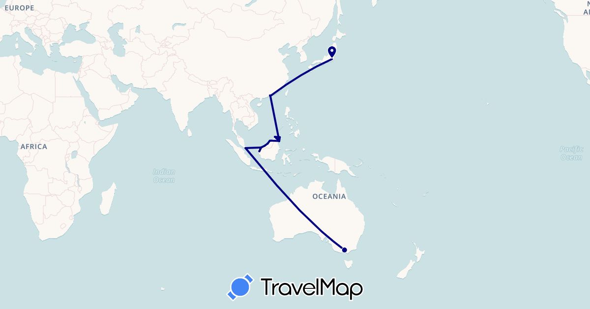TravelMap itinerary: driving in Australia, Brunei, China, Indonesia, Japan, Malaysia, Singapore (Asia, Oceania)